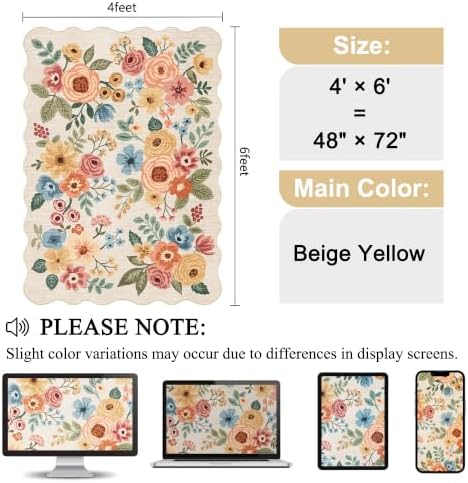 DUKINO 4x6 Area Rug, Non Slip Floral Washable Living Room Rug, Beige Yellow - Image 2