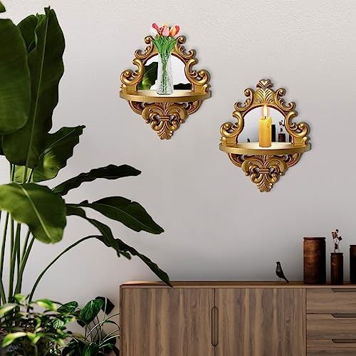 2 Set Vintage Candle Wall Sconce for Home Decor Living Room Bedroom Office Wood Antique Mirrored Victorian Mounted Candlestick Wall Holder Relief Hanging Decor -Gold 11.8in - Image 2