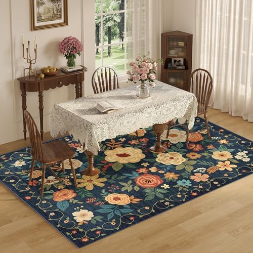DUKINO 8x10 Area Rugs, Floral Washable Living Room Rug Non Slip, Navy Blue - Image 5