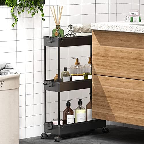 SPACEKEEPER Slim Rolling Storage Cart, 3 Tier Bathroom Storage Organizer Laundry Room Utility Cart Mobile Shelving Unit, Multi-Purpose for Kitchen Office Bathroom Laundry Narrow Places, Black - Image 5