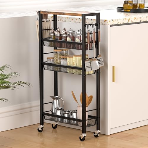 Slim Rolling Cart, 4-Tier Narrow Kitchen Storage Cart, Slim Utility Cart on Wheel, Skinny Bathroom storage cart with Wood Tabletop, 6.0" Deep, For Kitchen, Dining Room, Living Room, Laundry Room - Image 3