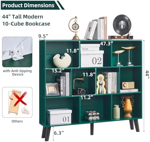 LEYAOYAO 10 Cube Bookshelf,Mid-Century Modern Bookcase with Legs,Dark Green - Image 2