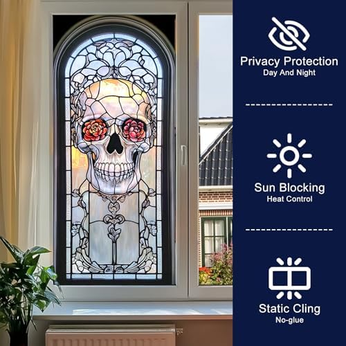 HOMETITUTE Dead Sugar Skull Catrina Rose Privacy Window Cling 18x39 PVC - Image 2
