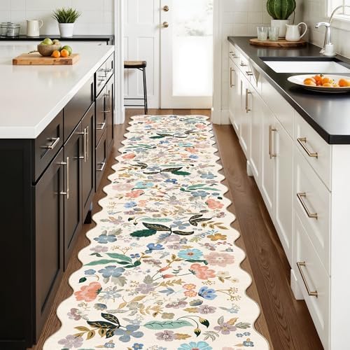 Hallway Floral 2'6x14 Runner Rugs: Washable Scalloped Soft Carpet with Non-Slip Backing for Entryway Kitchen Stain-Resistant Bedroom Floor Mat – Gifts for Newlyweds/Household Home Dcor (2'6x14,Cream) - Image 3