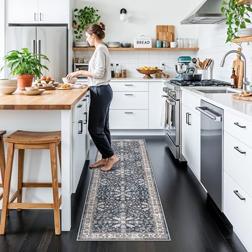 2x6ft Washable Hallway Carpet Runner – Non-Skid Floor Runner Rug for Kitchen Indoor Entryway Bedroom Bathroom Bedside – Boho Vintage Soft Low-Pile Area Rug (Blue,2x6) - Image 3