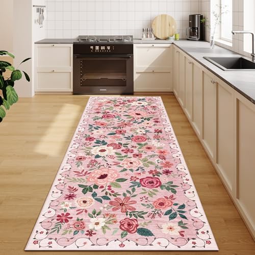 DUKINO 2x10 Runner Rug, Floral Washable Kitchen Runner Rug Non Slip, Pink - Image 5