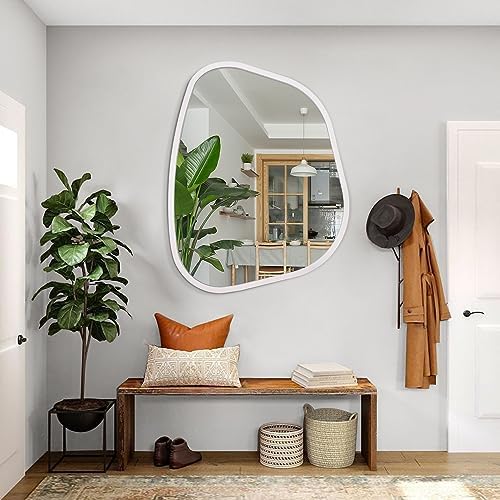 White Irregular Oval Wall Mirror Large 26"x18" Inches Asymmetrical Mirror Modern Wood Frame Unique Shape Wall Mounted Vanity Artistic Mirror Decor for Living Room Bedroom Bathroom Entryway - Image 5