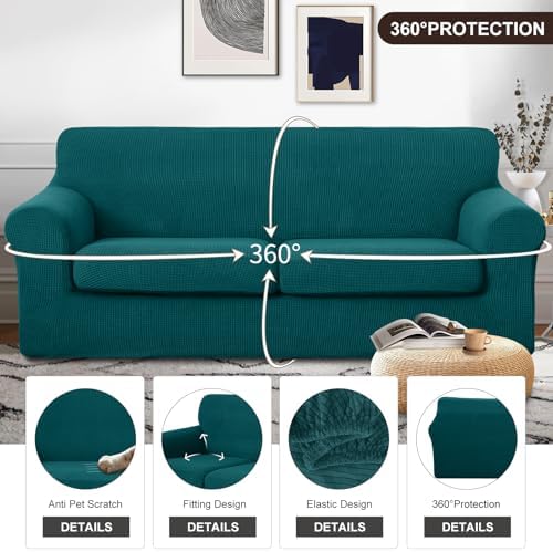 U-NICE HOME 3 Pieces Stretch Couch Cover Sofa Slipcover, Blue - Image 4