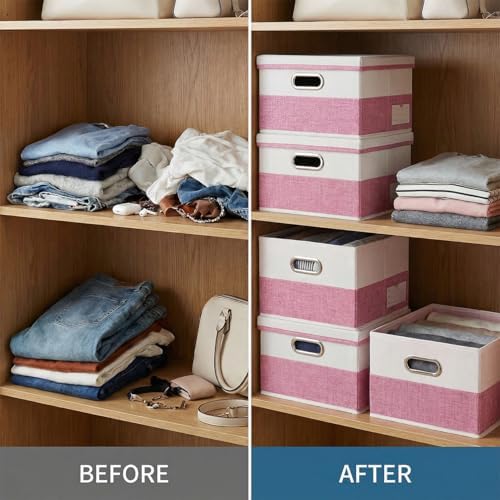 PRANDOM Storage Bins with Lids [3-Pack] Linen Fabric Foldable Storage Boxes Organizer Containers Baskets Cube with Cover for Bedroom Closet Office Pink&White（11.4X8.6X6.7 - Image 6