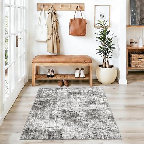 3x3 Square Entryway Rug Washable – Non-Slip Small Area Rug for Kitchen or Bathroom, Soft Low-Pile Indoor Mat, Modern Abstract Thin Door Carpet (Grey) - Image 5