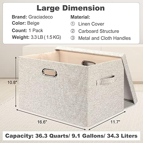 Graciadeco Large 17 36 Quart Collapsible Stackable Storage Bins with Lids, 1 Pack Beige Foldable Fabric Closet Storage Boxes with Lids, 4 Handles Toy Heavyduty Dark Gray Linen Storage Cube Box - Image 2