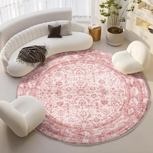 OPPODREAM Vintage Pink Area Rugs 8' Round, Washable Rug for Living Room by OPPODREAM