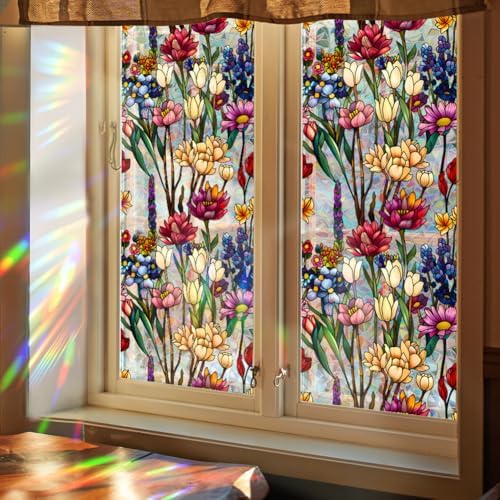 GORGECRAFT 39.4x17 Inch Wildflower Rainbow Window Privacy Film - UV Protection, Static Cling, Non-Adhesive, Reusable by GORGECRAFT