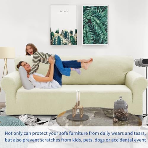 ZNSAYOTX 1 Piece Jacquard Couch Covers for 3 Cushion Couch High Stretch Sofa Cover for Pets Dogs Anti Slip Extra Large Sofa Slipcovers Furniture Protector (X-Large,New Pattern Light Beige) - Image 2