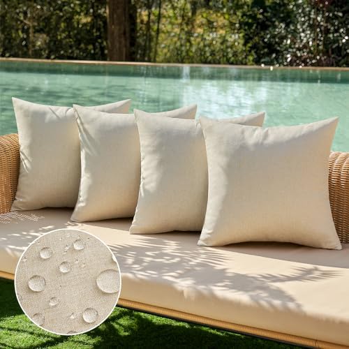 MIULEE Pack of 4 Decorative Outdoor Throw Pillow Covers Linen Waterproof Pillow Covers Summer Farmhouse Cushion Cases for Patio Garden Tent Balcony Couch Sofa 18x18 Inch Beige by MIULEE