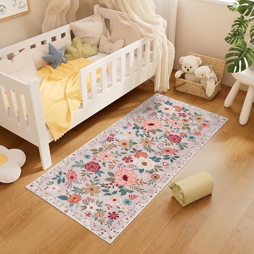DUKINO 2x5 Runner Rug, Floral Washable Rug for Kitchen Non Slip, Beige - Image 4