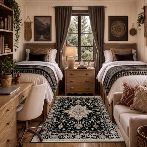 RELEANY Washable Area Rug, 4'x6', Black/Neutral by RELEANY