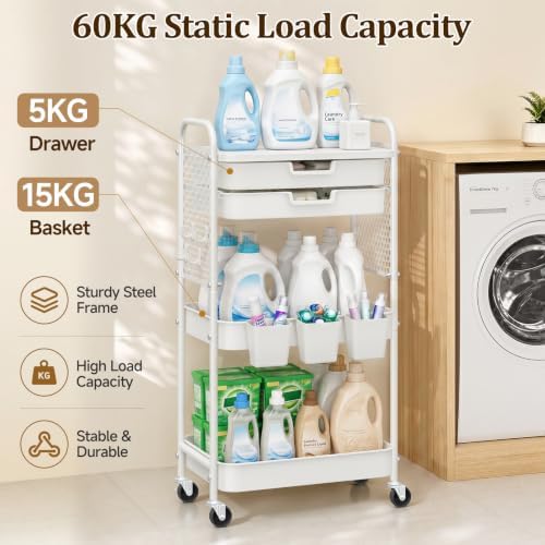 3 Tier Rolling Cart with 2 Drawers, Metal Utility Storage Carts with Wheels - Image 4
