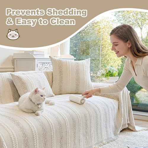 Couch Cover for Dogs Washable Sofa Cover, Sectional Couch Covers, Sofa Covers for 2 Cushion Couch, Non Slip Stripe Sofa Slipcovers Furniture Protector (Beige, 91 * 134) - Image 6
