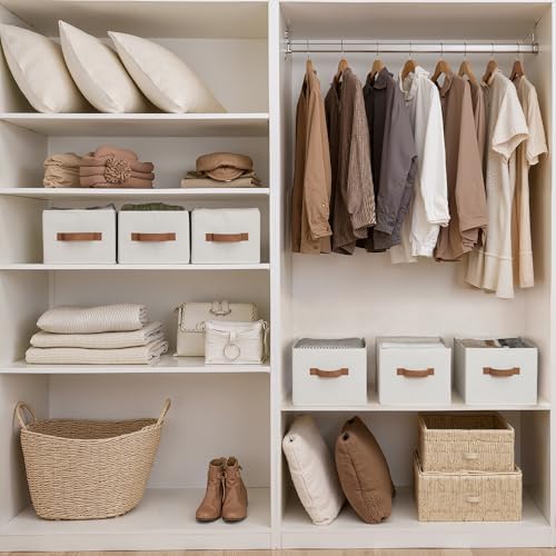 StorageWorks Closet Storage Bins with PU Handles, Ivory White, Small - Image 2
