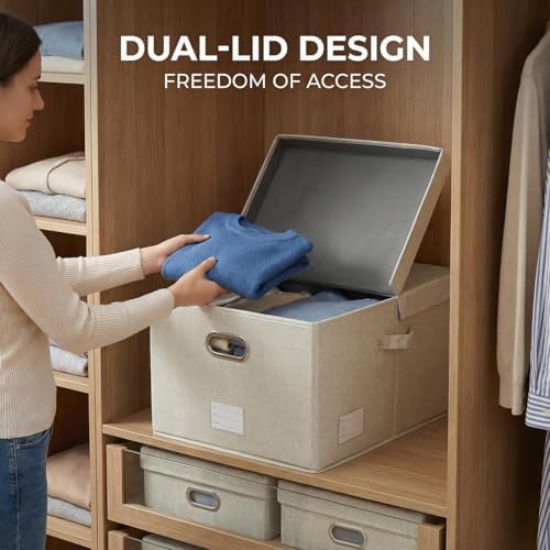 PRANDOM Storage Bins with Lids [3-Pack] Linen Fabric Foldable Storage Boxes Organizer Containers Baskets Cube with Cover for Bedroom Closet Office Beige (23.4X15.9X11.4) - Image 4