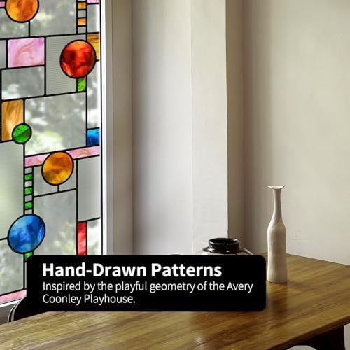 Original Hand Drawn Faux Stained Glass Window Film, Double-Sided Texture Static Film, Vibrant Geometry Patterns Inspired by Avery Coonley Playhouse, See Through 22.83"X114.17" - Image 6