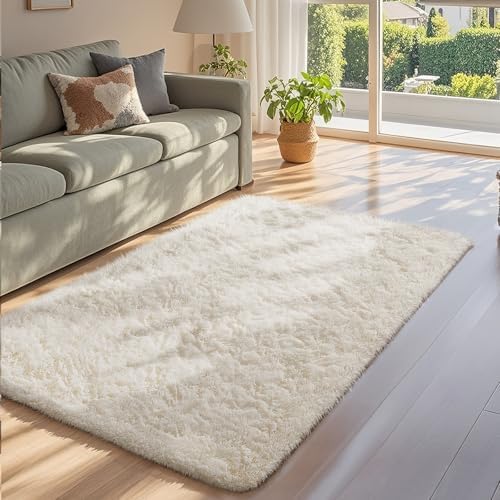 Ophanie 3x5 Rug, Bedside Preppy Dorm Area Rug, College Essentials Non Slip Ivory Small Carpets for Bedroom, Anti Slip Fluffy Living Room Rugs Home Decor with Over 99 pcs Pile fibers - Image 6