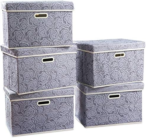 PRANDOM Large Storage Boxes with Lids [5-Pack] Fabric Decorative Storage Bins Cubes Organizer Containers Baskets with Handles for Closet Grey 17.5x11.8x11.8 In For 6+ Year Old Boys and Girls by Prandom