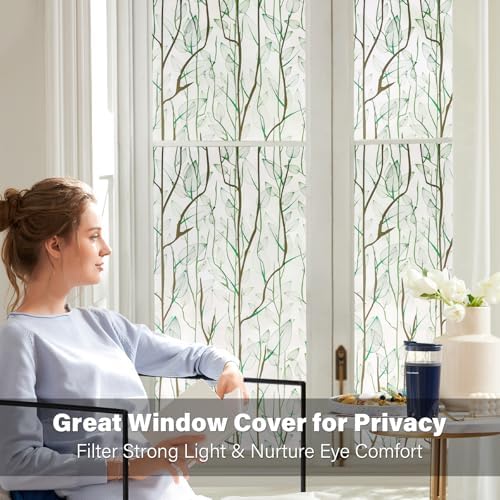 Donox Frosted Glass Window Film Heat Control UV Blocking, Static Cling Reusable Home Bathroom Door Window Privacy Film, Green Leaf Pattern Window Covering with Installation Tool, 23.6 in x 13.1 feet - Image 2