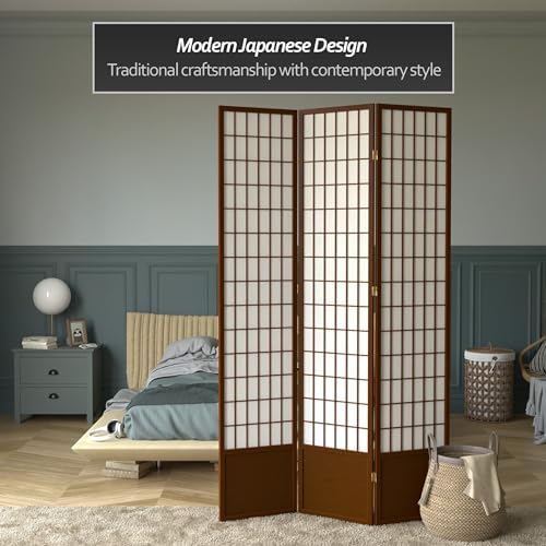 Red Lantern 7 ft. Tall Window Pane Shoji Screen - Walnut - 3 Panels - Image 2