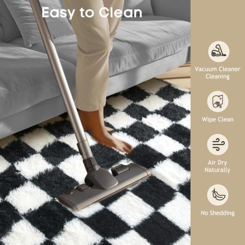 Ophanie Checkered Black & White Rug for Living Room Bedroom,Fluffy Soft Cute Fuzzy Area Rugs,Shag Plush Shaggy Bedside Floor 4x6 Furry Carpet Kids Baby Teen Dorm Decor with Over 99 pcs Pile fibers - Image 6