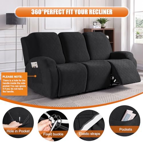 VANSOFY Stretch Recliner Couch Cover, Slipcover, Black, 3 Seater - Image 5