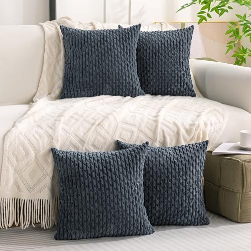 Set of 4 Grey Blue Decorative Throw Pillow Covers 18x18 Inch Corduroy Pillow Covers for Bed Couch Sofa Living Room Soft Square Cushion Cases - Image 2
