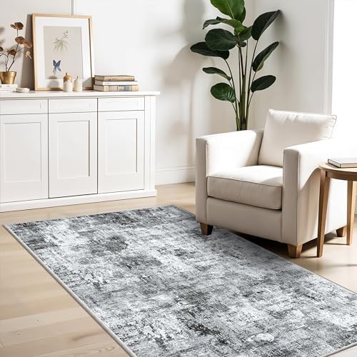 3x6 Washable Wide Runner Rug – Non-Slip Floor Carpet Runner for Kitchen Entryway Hallway Bathroom, Modern Abstract Low Pile Thin Area Rug (Grey) - Image 4