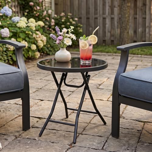 GIANTEX Outdoor Folding Side Table w/Tempered Glass Tabletop & Metal Frame - Image 2