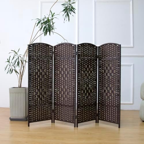 Compact 4 Panel Short Room Divider, 47.2 Inch Tall Double-Sided Rattan Folding Privacy Screen for Home & Office,Dark Brown - Image 4