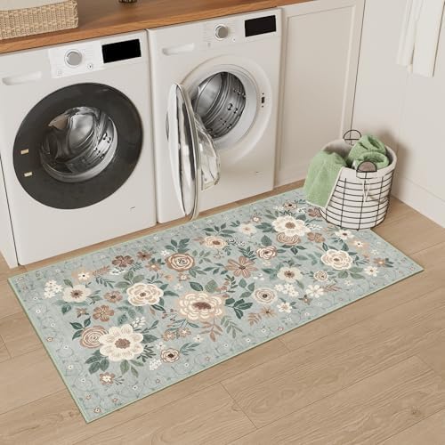 DUKINO 2x4 Entryway Rug, Floral Washable Kitchen Rugs Non Slip, Sage Green - Image 5