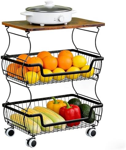 Kitchen Storage Cart on Wheels, 3 Tier Rolling Stackable Pantry Floor Organizer, Kitchen Fruit Basket Stand for Home Removable Metal Vegetable Rack Wire Snack Cart by FoldingFurniture