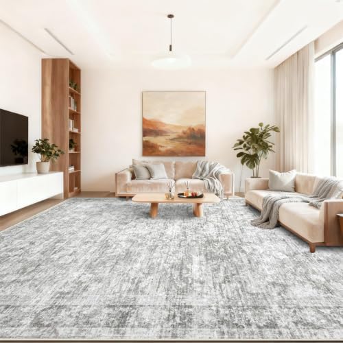 10x14 Area Rugs for Living Room: Washable Large Vintage Floral Rug Low Pile Non-Slip Boho Carpet for Bedroom Dining Home Office (Grey, 10'x14') by LOSBULAKE