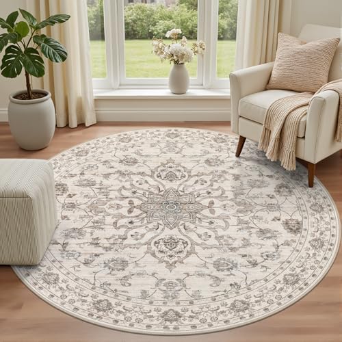 Round Area Rug for Living Room: 8ft Boho Washable Rug Brown Beige - Image 2
