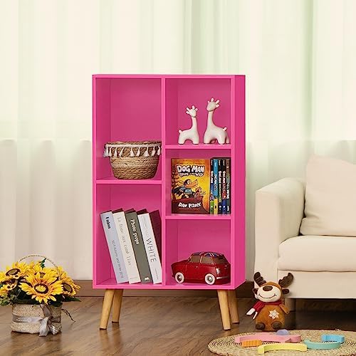 LEYAOYAO 5 Cube Bookshelf, Mid-Century Modern Book Shelf with Legs, Pink - Image 5