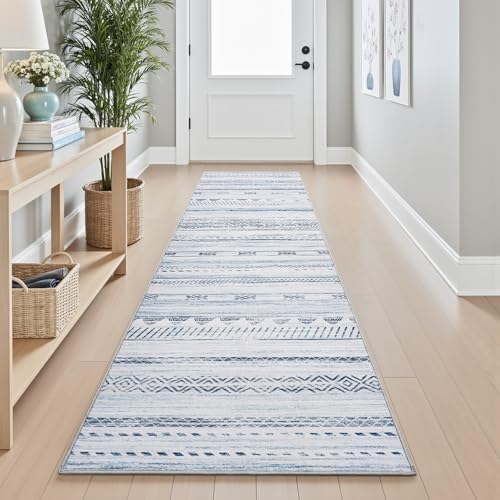 2x10 Runner Rug Machine Washable Non Slip Area Rug Distressed Neutral Moroccan Boho Rug Ultra Soft Floor Runners for Hallways for Entryway Laundry Room Kitchen, Blue by Tchdio