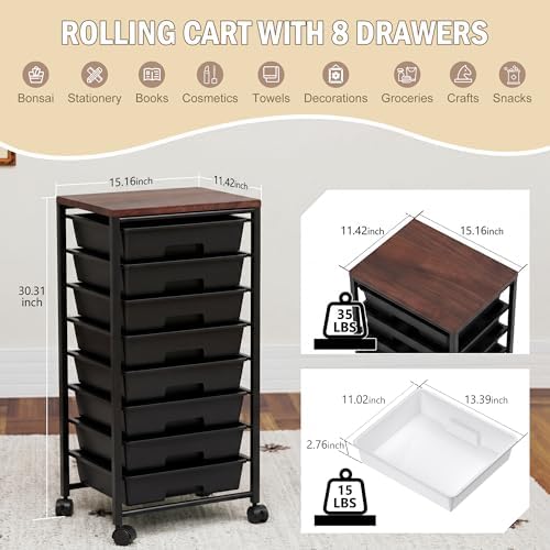 Rolling Cart with 8 Drawers, Storage Drawers Cart with Wooden Tabletop and Lockable Wheels, Craft Storage for Living Room, Office, Classroom, Craft Room, Bedroom (Black) - Image 2
