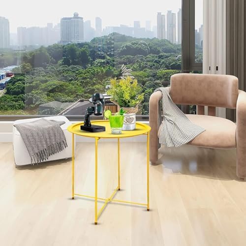 Garden 4 you Small Side Table, Round End Table, Outdoor Side Table with Metal Frame, Bedside Table for Living Room, Bedroom, Patio, Small Space, Yellow - Image 2
