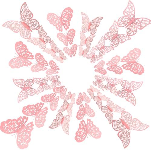 Bememo 72 Pcs 3D Butterfly Wall Decals, 3 Sizes,Light Pink | Metallic Hollow Design for Bedroom Living Room, Removable Adhesive Wall Decor, Easy Peel Stick Party Decoration Stickers - Image 6
