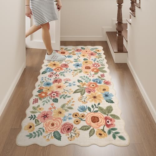DUKINO 2x4 Rug for Entryway, Floral Washable Kitchen Rugs, Beige Yellow - Image 5