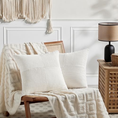 Fancy Homi 2 Packs Cream White Euro Decorative Throw Pillow Covers 28x28 Inch for Couch Bed Sofa, Farmhouse Boho Home Decor, Soft Corss Corduroy Patchwork Textured Square Cushion Case 71x71 cm - Image 6