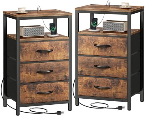 Huuger Nightstands Set of 2, Nightstand with Charging Station,Bedside Table by Huuger