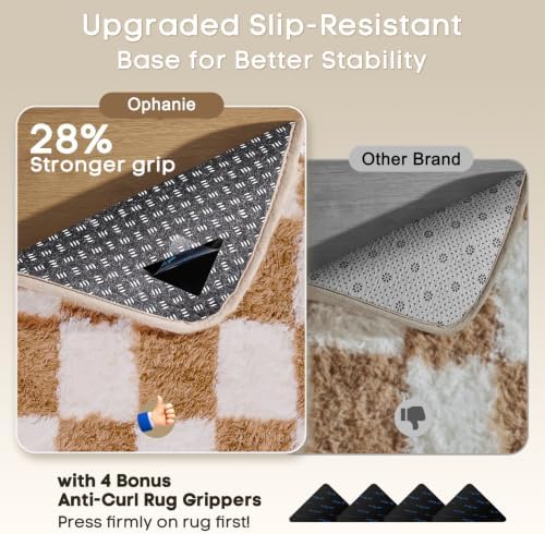 Ophanie Checkered Beige & White Rug for Living Room Bedroom,Fluffy Soft Cute Fuzzy Area Rugs,Shag Plush Shaggy Bedside Floor 4x6 Furry Carpet Kids Baby Teen Dorm Decor with Over 99 pcs Pile fibers - Image 4