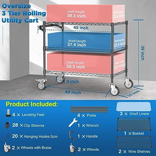 Leteuke Heavy Duty Rolling Utility Cart, 45 Inch Kitchen Carts with Wheels, NSF Commercial Grade with Handle & Shelf Liners, 1120LBS Storage Cart for Kitchen,Restaurant,Plant Display-Black - Image 6